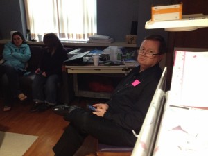 Ray on phone, Leah & Heather chatting