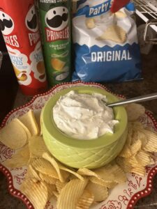 R-r-ruffles have ridges. French onion dip in a cute green dish that was a gift to me in a big basket of items, when I spoke years ago (along with my speaking fee).