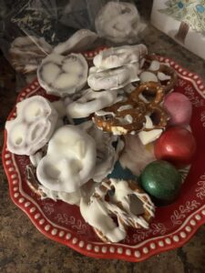 White chocolate-covered pretzels & Fine chocolates